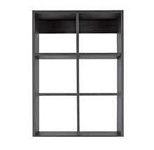 Grey closet cubby insert with adjustable shelving for a modular closet tower.