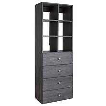 Grey closet cubby insert with divided cubby shelves for closet organization.