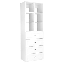 White closet cubby insert with adjustable shelves for a closet organizer system.