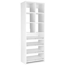 White closet cubby insert with divided cubby shelves for walk-in closet storage.