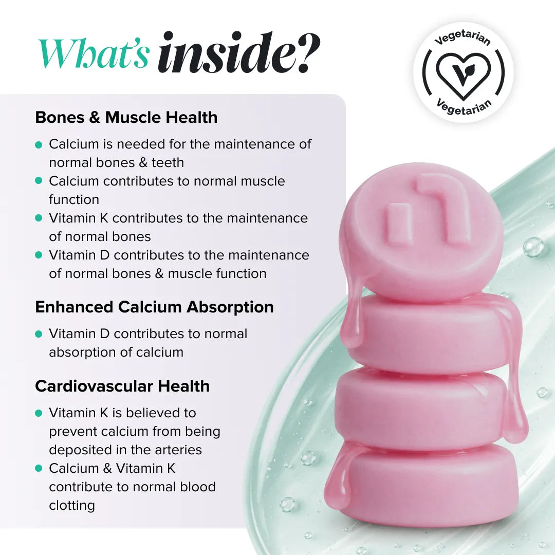 Graphic headed 'What's inside?' with a vegetarian logo, beside a stack of glossy pink gummies, grouping benefits into bones and muscle health from calcium, vitamin K and vitamin D, enhanced calcium absorption from vitamin D, and cardiovascular health where vitamin K is believed to prevent calcium being deposited in the arteries and calcium and vitamin K contribute to normal blood clotting.