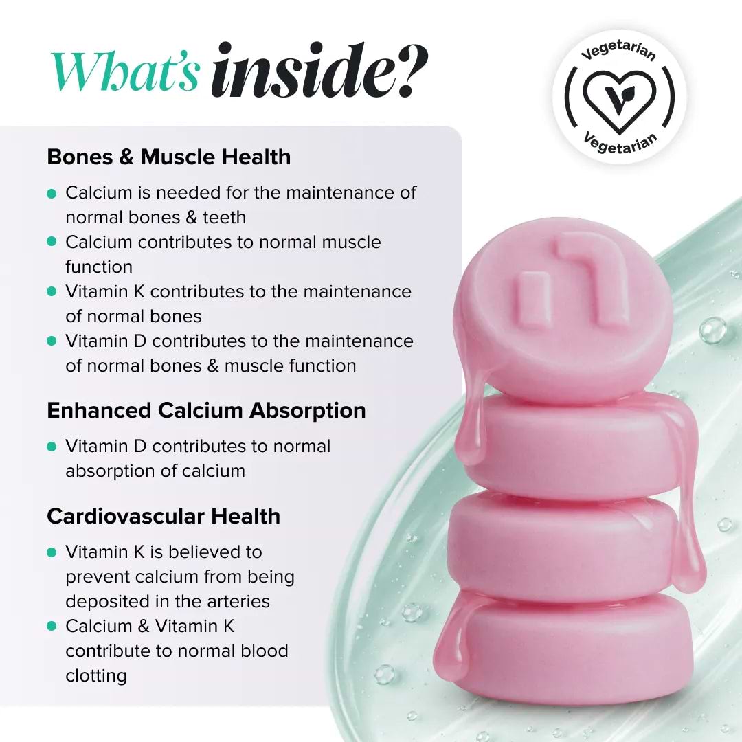 Graphic headed 'What's inside?' with a vegetarian logo, beside a stack of glossy pink gummies, grouping benefits into bones and muscle health from calcium, vitamin K and vitamin D, enhanced calcium absorption from vitamin D, and cardiovascular health where vitamin K is believed to prevent calcium being deposited in the arteries and calcium and vitamin K contribute to normal blood clotting.