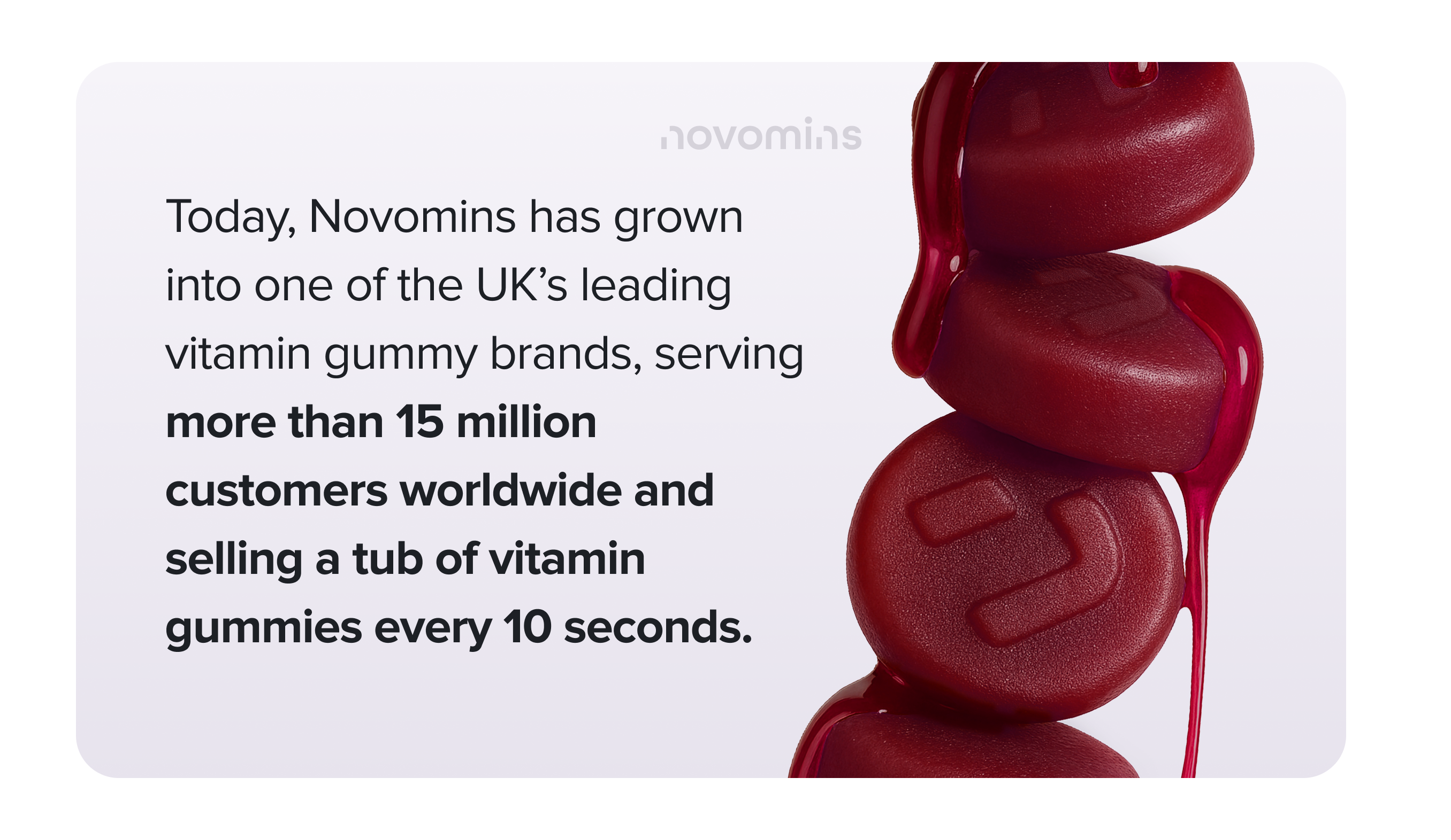 ovomins has grown into one of the UK’s leading vitamin gummy brands, serving more than 15 million customers worldwide and selling a tub of vitamin gummies every 10 seconds.