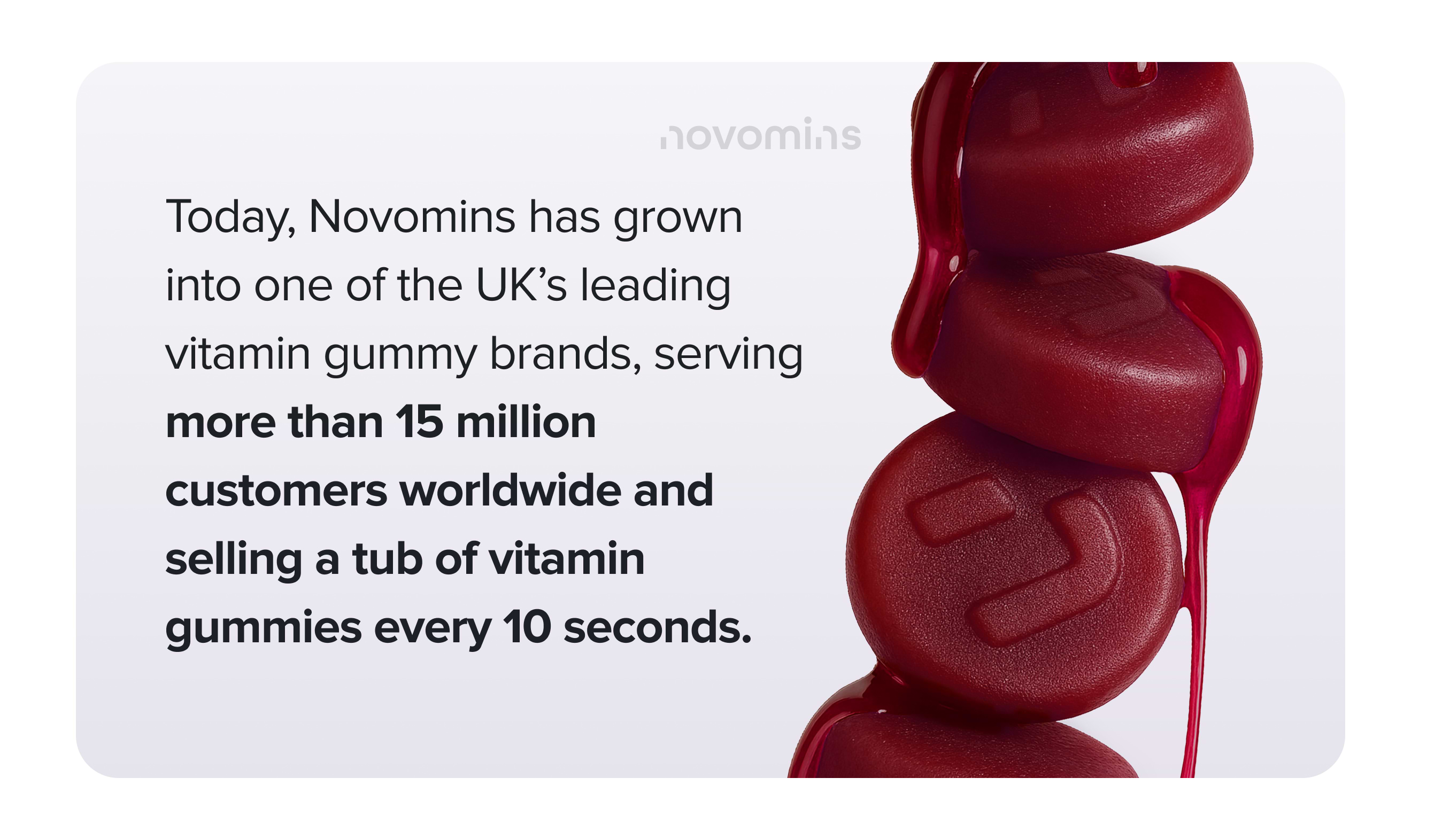 ovomins has grown into one of the UK’s leading vitamin gummy brands, serving more than 15 million customers worldwide and selling a tub of vitamin gummies every 10 seconds.