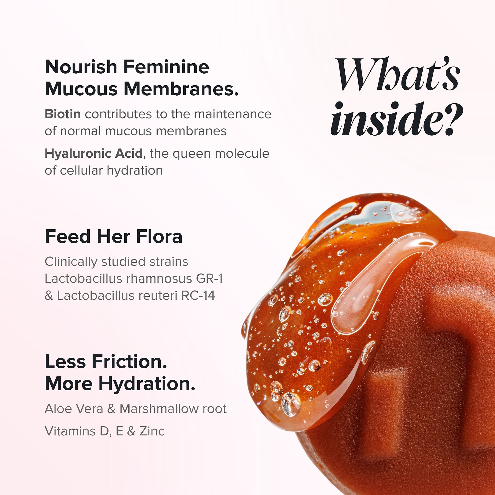 An informational product graphic on a pale pink background with text describing ingredients and benefits alongside a close-up of an amber-brown gel pad with glossy translucent gel and a white letter 'H'.