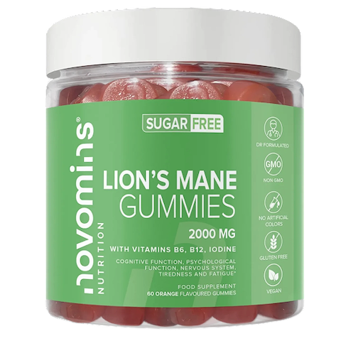 A tub of Lions Mane gummies made by Novomins Nutrition