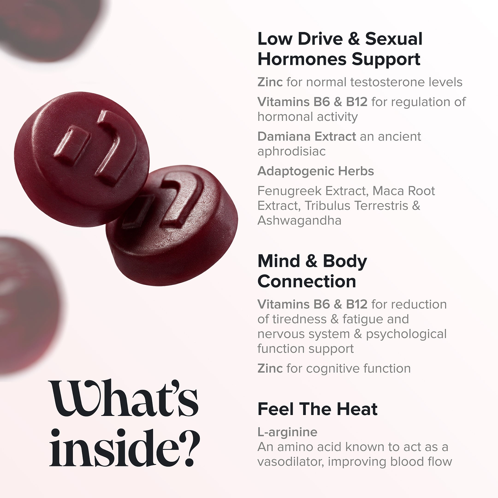 Graphic headed 'What's inside?' beside two dark red gummies, grouping benefits into low drive and sexual hormones support from zinc, vitamins B6 and B12, damiana extract and the adaptogenic herbs fenugreek, maca root, tribulus terrestris and ashwagandha; mind and body connection from vitamins B6 and B12 and zinc; and 'feel the heat' from L-arginine as a vasodilator amino acid.