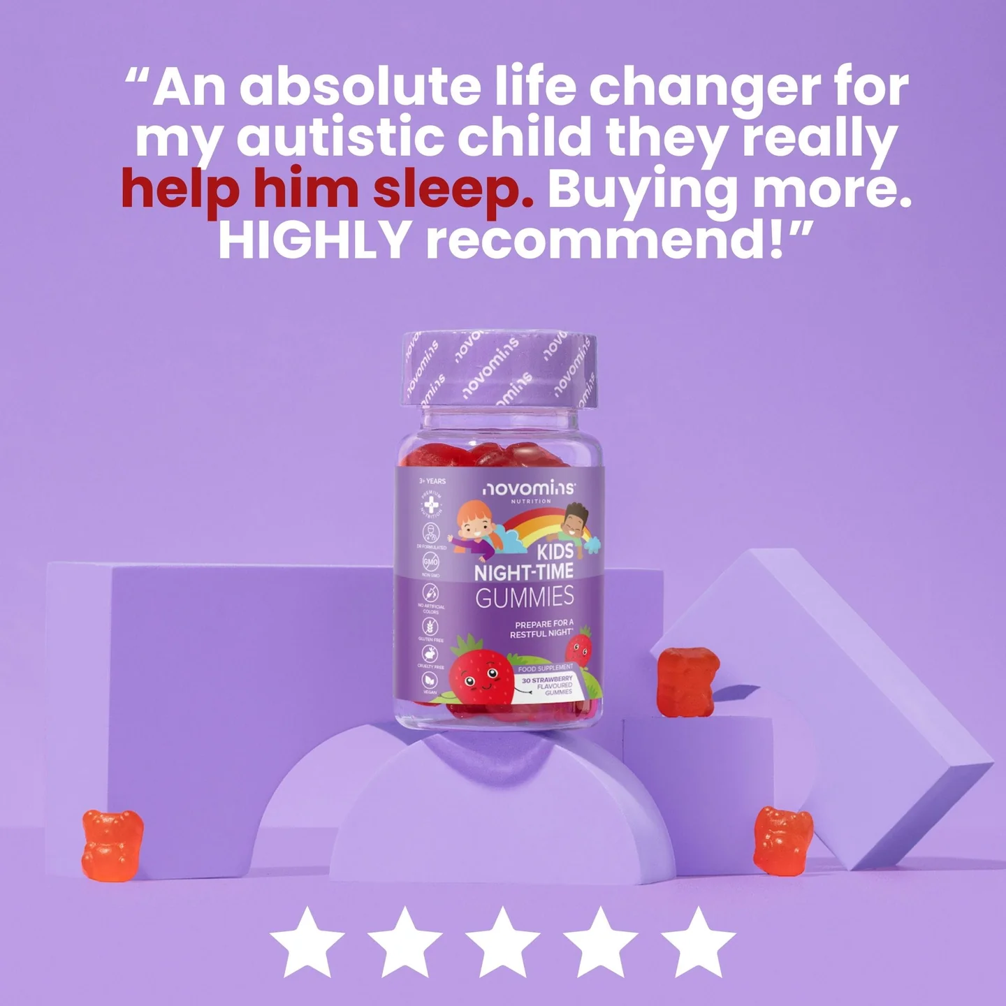 Imagen de una botella de gomitas nocturnas para niños Novomins con una reseña de un cliente de Novomins.