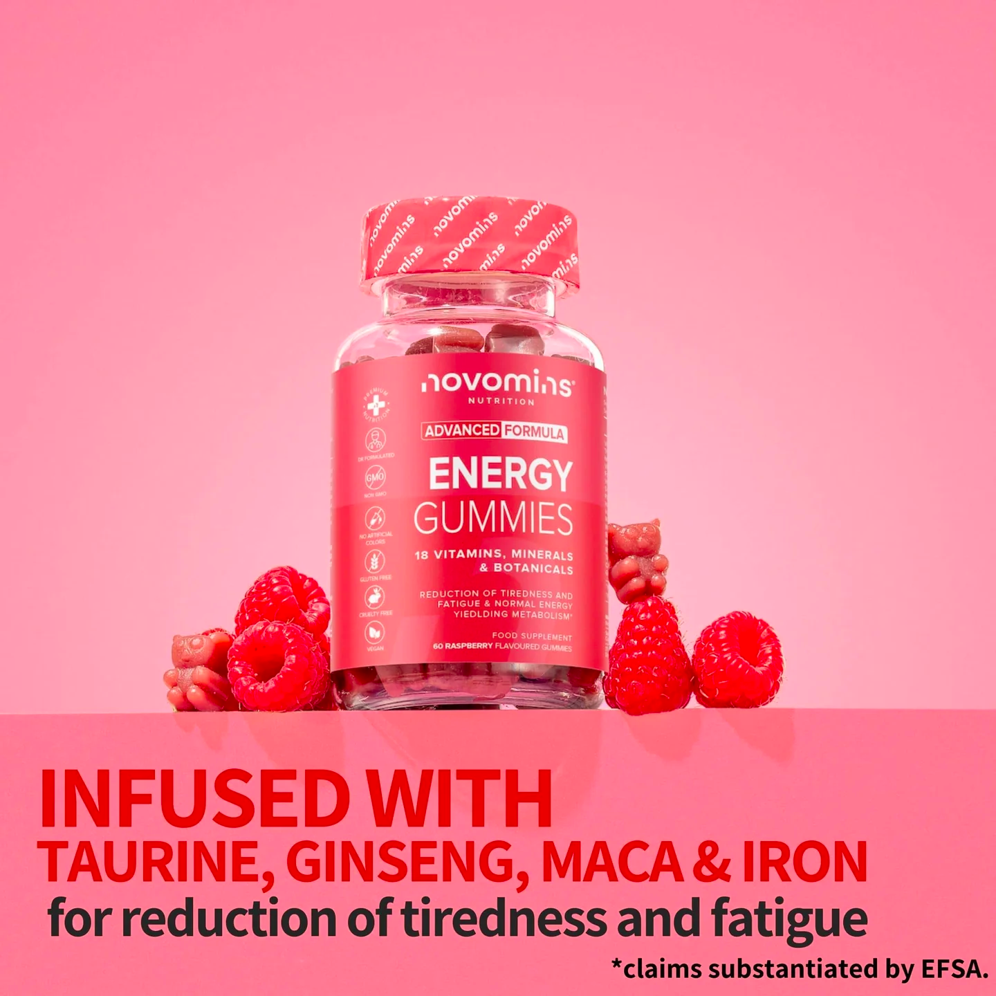 Imagen de una botella de Novomins Energy Gummies con extracto de raíz de maca.