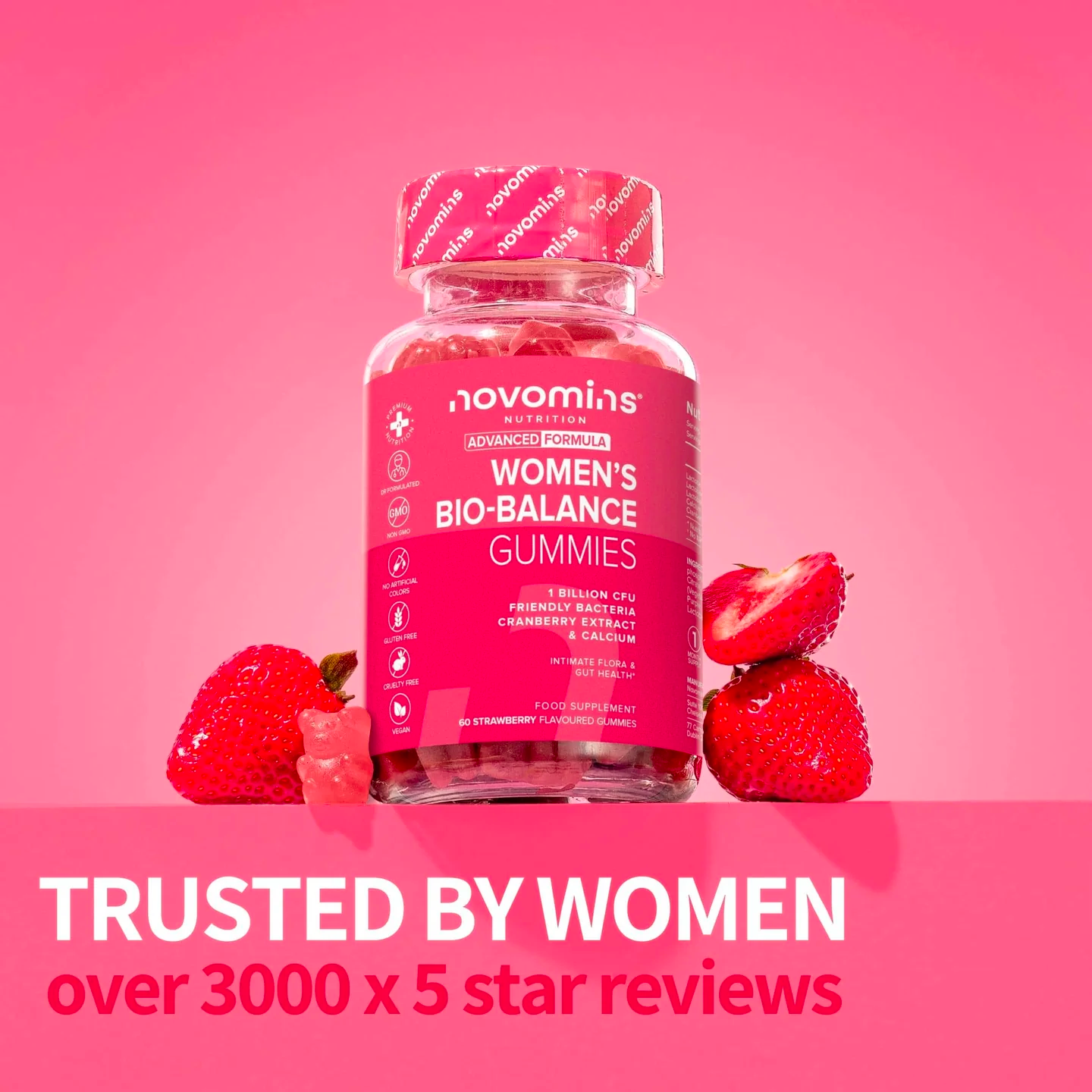 Imagen de una botella de gomitas Bio-Balance para mujeres de Novomins.