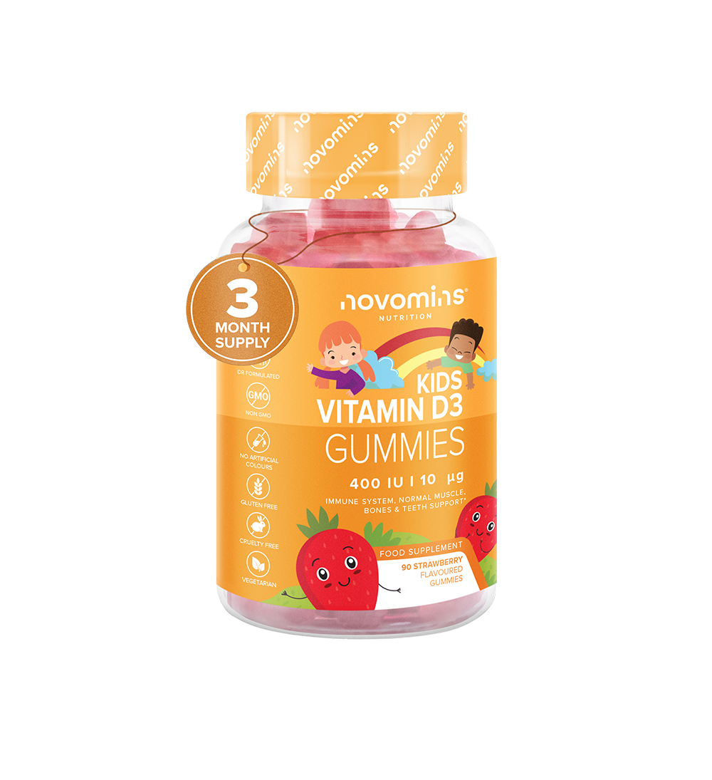 Image of a bottle of Novomins Kids’ Vitamin D3 gummies.