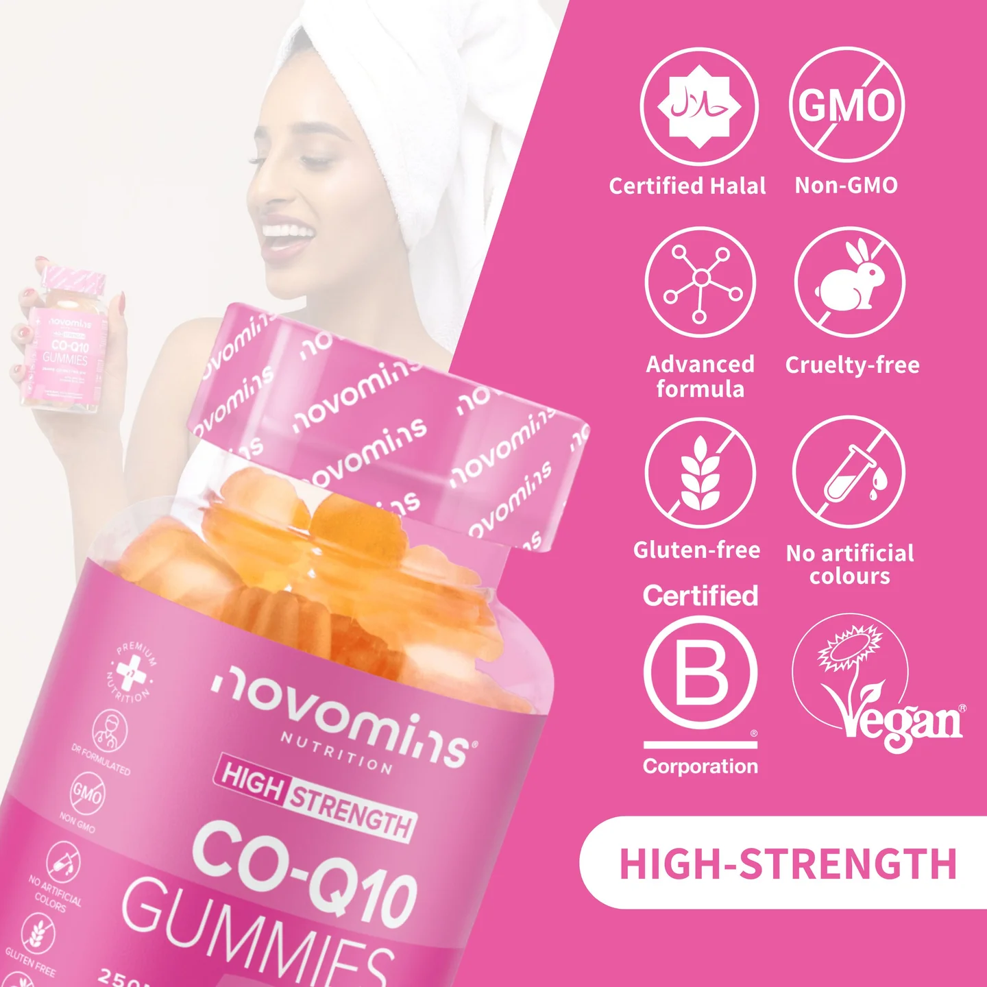 Una infografía que aconseja detalles específicos sobre las gomitas CO-Q10 de Novomins