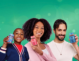 Adults and child holding Novomins gummies
