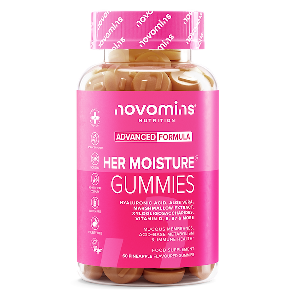A bottle of Novomins Nutrition Her Moisture Gummies, featuring a bright pink label and cap, filled with brown gummy capsules, on a clean white background.
