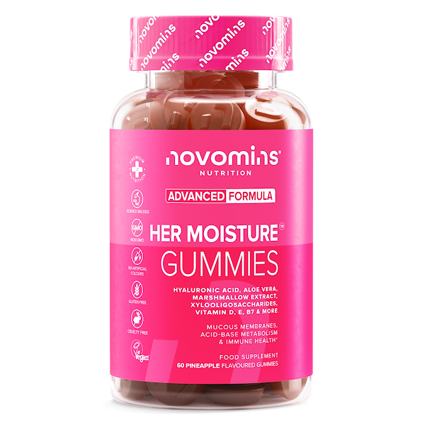 Front of a Novomins Her Moisture Gummies bottle with a pink label and cap, listing hyaluronic acid, aloe vera, marshmallow extract and vitamins D, E and B7, with vegan, gluten free and cruelty free badges. 60 pineapple flavoured gummies.