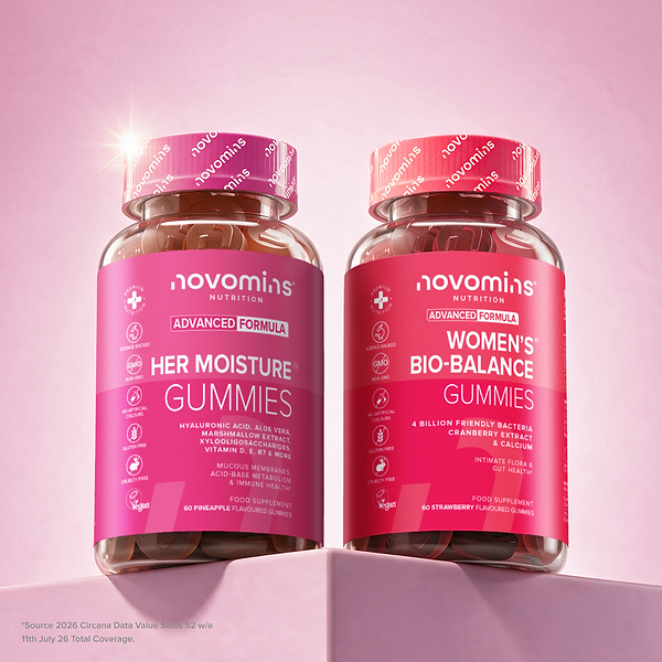 Two pink supplement bottles labeled novomins Nutrition Advanced Formula Gummies, shown on a pink gradient background with the headline 'Her V Confidence Bundle' and a circular badge reading 'World's First Intimate Probiotic Gummies.'.