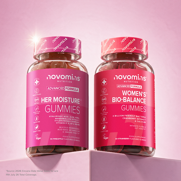 Two pink supplement bottles labeled novomins Nutrition Advanced Formula Gummies, shown on a pink gradient background with the headline 'Her V Confidence Bundle' and a circular badge reading 'World's First Intimate Probiotic Gummies.'.