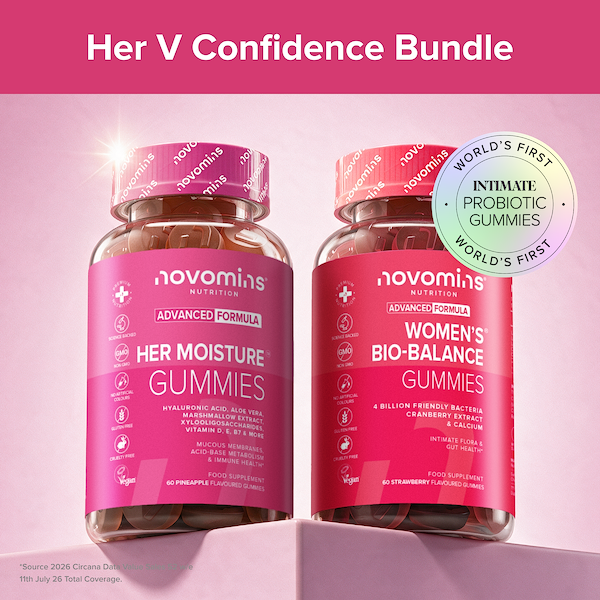 Two pink supplement bottles labeled novomins Nutrition Advanced Formula Gummies, shown on a pink gradient background with the headline 'Her V Confidence Bundle' and a circular badge reading 'World's First Intimate Probiotic Gummies.'.