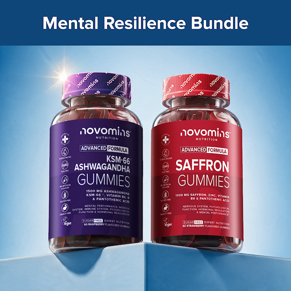 Two supplement bottles from Novomin's Nutrition labeled 'Mental Resilience Bundle' on a blue gradient background. The left bottle is purple and labeled 'Ashwagandha Gummies', and the right bottle is red and labeled 'Saffron Gummies'.