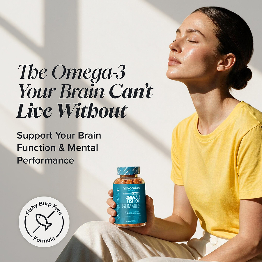 Woman sitting in warm sunlight with eyes closed, holding a bottle of Novomins Omega 3 Fish Oil Gummies. Headline reads 'The Omega-3 Your Brain Can't Live Without' with subtext 'Support Your Brain Function & Mental Performance,' plus a 'Fishy Burp Free Formula' badge.