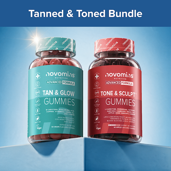 Two bottles of novomins by nature gummies labeled 'Tan & Glow Gummies' and 'Tone & Sculpt Gummies' under the banner 'Tanned & Toned Bundle' on a blue gradient background.