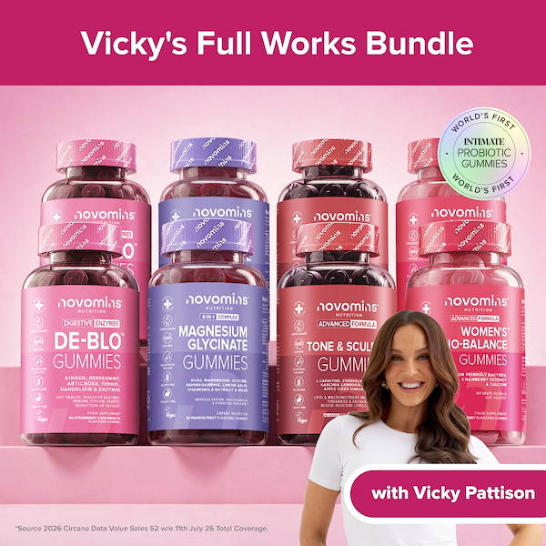 Six Novomin gummy supplement bottles in pink, blue, and red packaging are arranged against a pink background, with a smiling woman labeled 'with Vicky Pattison' in the lower right. Large text at the top reads 'Vicky's Full Works Bundle,' and a circular badge says 'World's First Intimate Probiotic Gummies.
