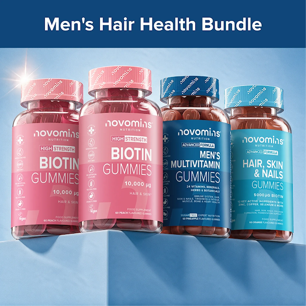 Four supplement bottles from novomins under the 'Men's Hair Health Bundle' title, arranged on a blue gradient background. The bottles are pink and blue with white and teal labels, containing brown gummies.
