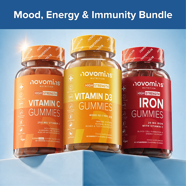 Three Novominis Nutrition supplement bottles displayed together as a bundle: Vitamin C Gummies in orange, Vitamin D3 Gummies in yellow, and Iron Gummies in red, under the headline 'Mood, Energy & Immunity Bundle' on a blue background.