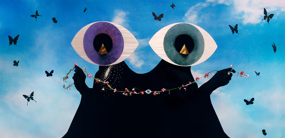 The image is a promotional illustration for the Ignasi Monreal x Etnia Barcelona: OJO vol.2 eyewear collection. 