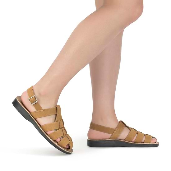 Model wearing Michael Tan Nubuck Leather Sandals - Side View