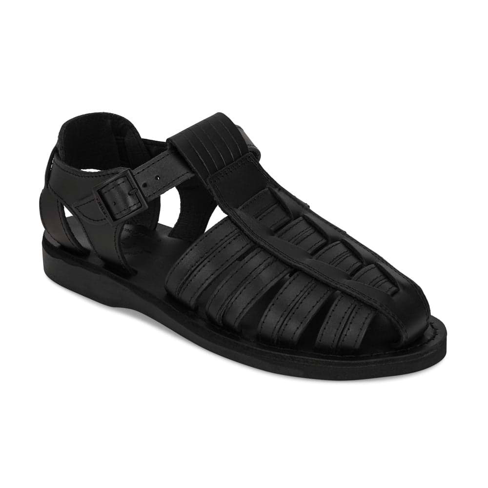 Barak Black, handmade leather sandals fisherman sandal silhouette. Front View 