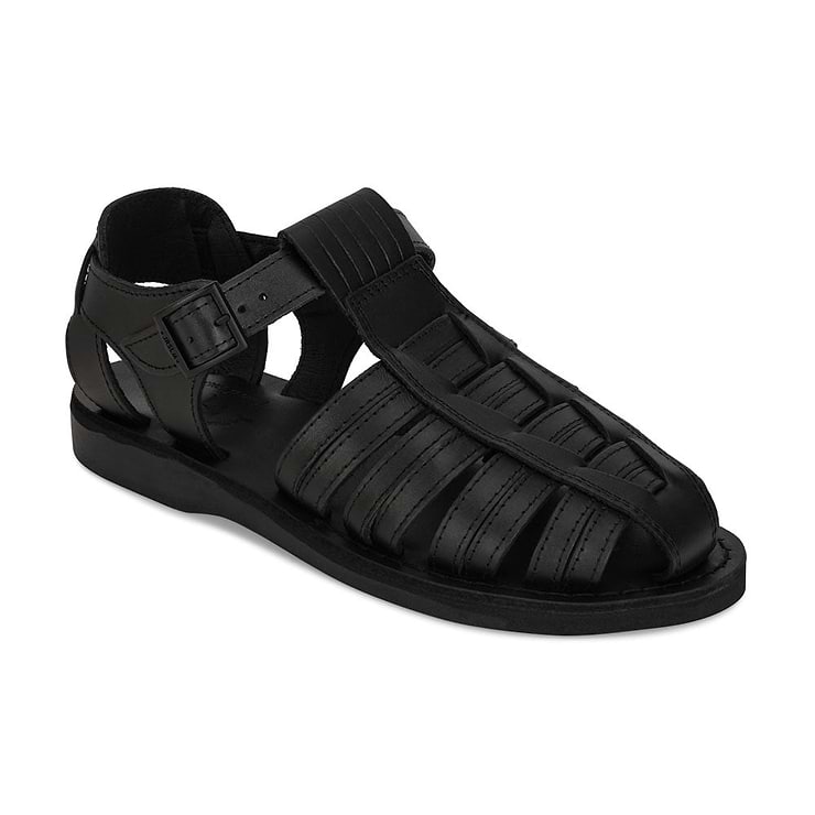 Barak Black, handmade leather sandals fisherman sandal silhouette. Front View 