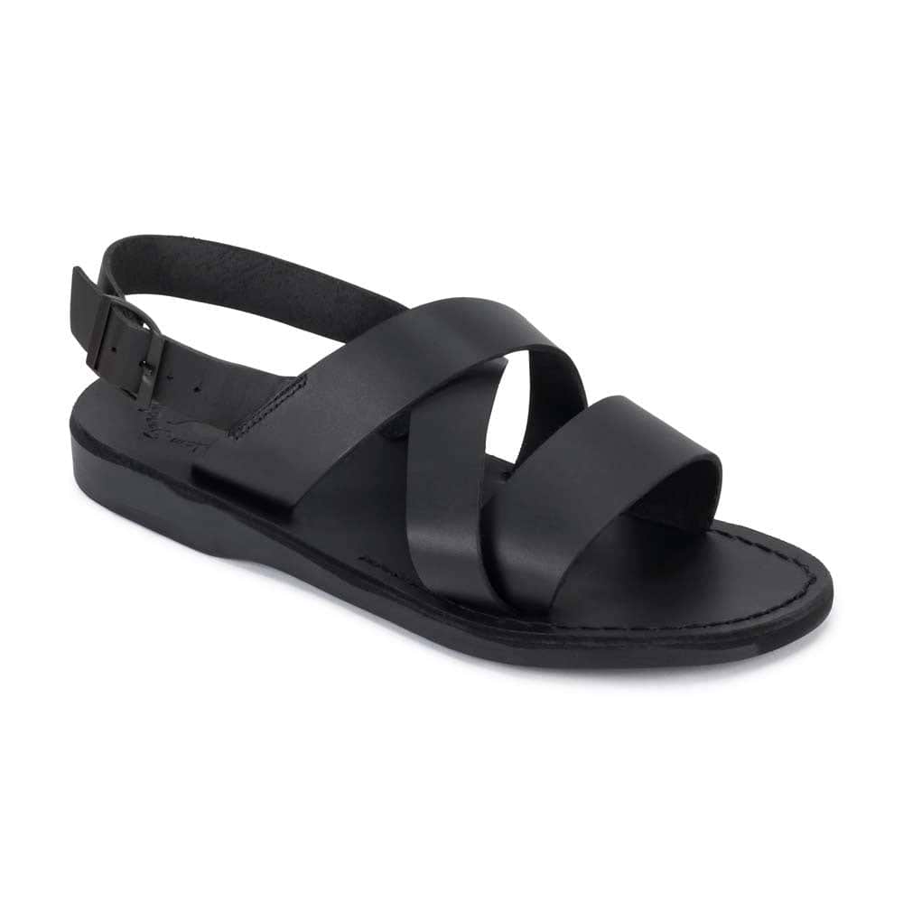 Elisha black, handmade leather sandals with back strap - front View