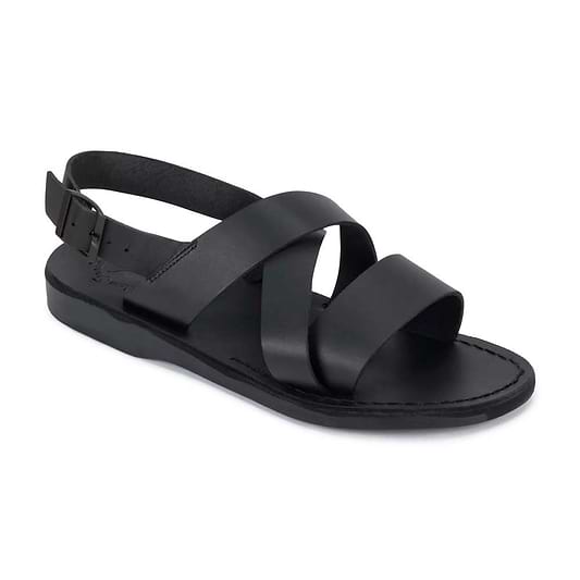 Elisha black, handmade leather sandals with back strap - front View