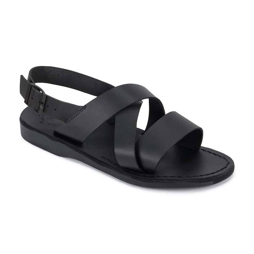 Elisha black, handmade leather sandals with back strap - front View