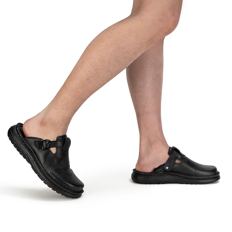 Model wearing Sawyer Black Closed Toe Leather Sandals - Side View