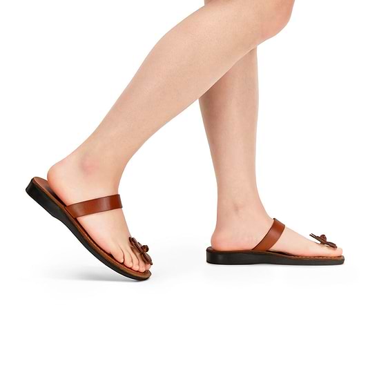 Model wearing Esther Honey, handmade leather slide sandals