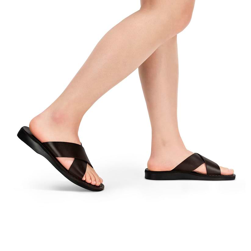Model wearing Elan brown, handmade leather slide sandals