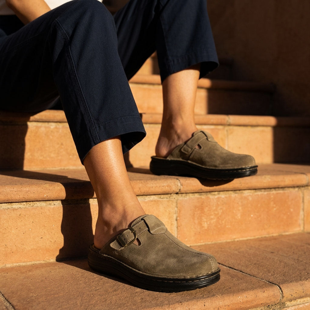 Nomad - Front Seam Suede Leather Clog | Olive Suede
