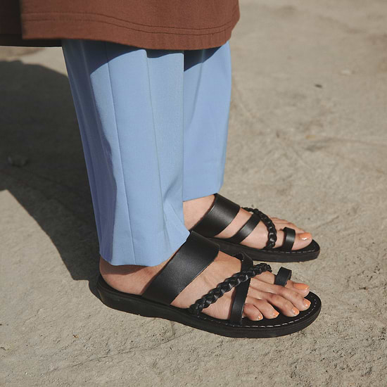 Sophia - Leather Braided Flat Sandal | Black