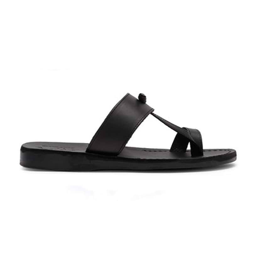 Nathan black, handmade leather slide sandals with toe loop - Side View
