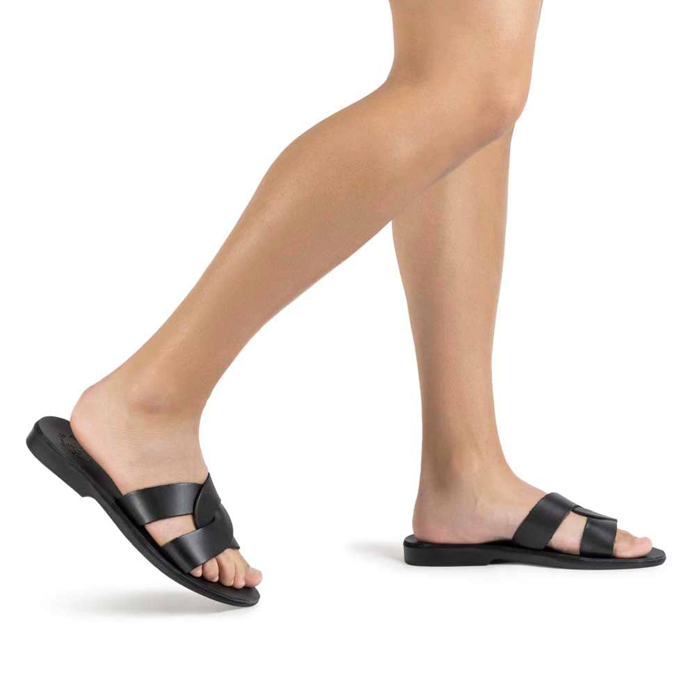Emily Black, handmade leather slide sandals - Model View