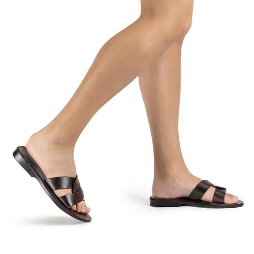 Emily brown, handmade leather slide sandals - Model View