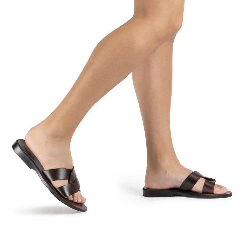 Emily brown, handmade leather slide sandals - Model View