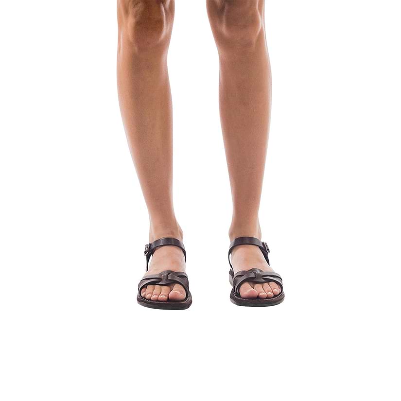 Model wearing Miriam brown sandals