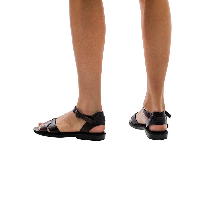 Model wearing Chloe brown sandals