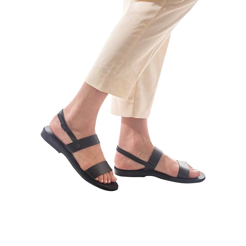 Ziv black, handmade leather sandals with back strap - Front View