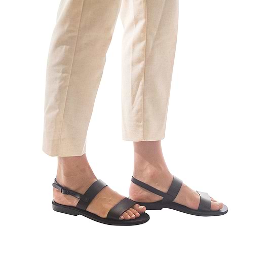 Ziv black, handmade leather sandals with back strap - Front View