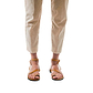 Model wearing Mara tan, handmade leather sandals with back strap and toe loop
