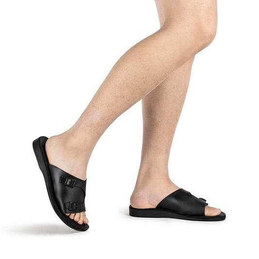 Seth Brown, handmade leather slide sandals - Model View